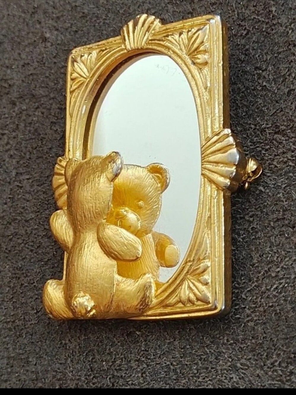 1980s Signed JJ Teddy Bear Looking In Mirror Gold-Tone Brooch Pin